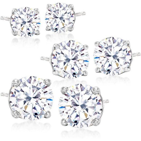 Sterling Silver 6.00 ct. T.w. CZ Jewelry Set: 3 Pairs Stud Earrings in Sterling